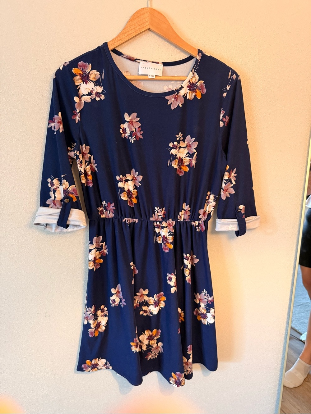 French Grey Navy Floral Casual Fit-and-Flare Dress elastic waist soft touch